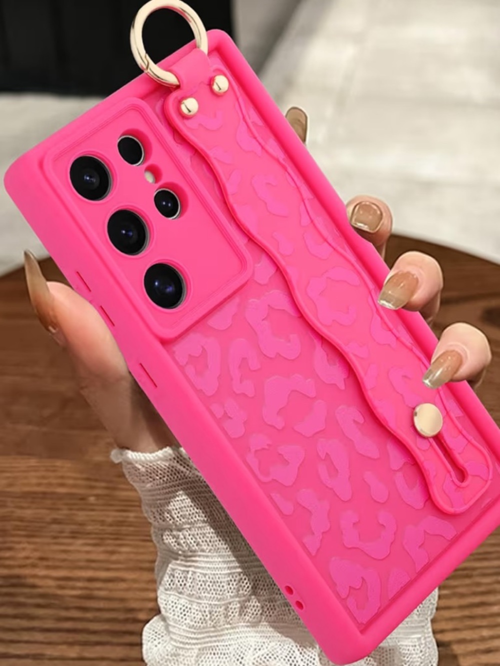 Hot Pink Leopard-Pattern Silicone Phone Case with Wrist Strap Galaxy S23 Ultra